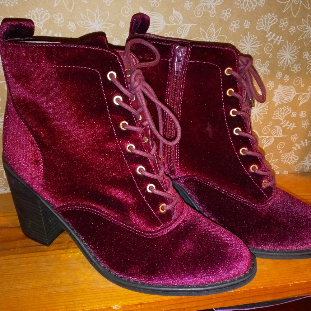 Burgundy lace up high heel boots
